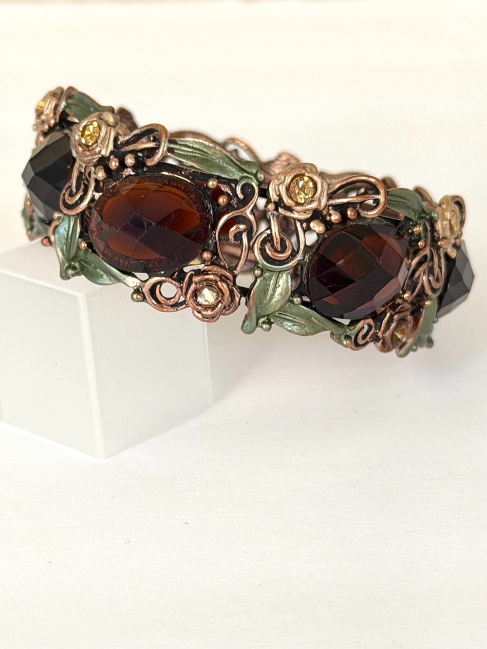 ♥️ Vintage Floral Filigree Cuff Bracelet Amber Enameled Statement Bangle